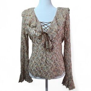 Trilogy Womens Floral Lace Ruffle Top Bell Sleeve Boho Large Festival Sheer Fun